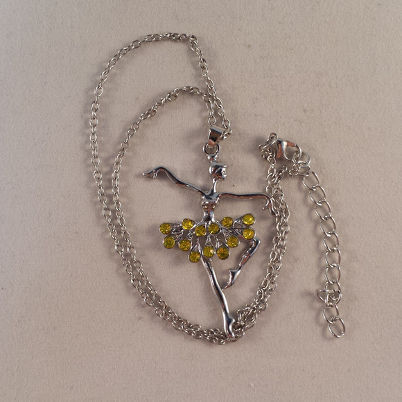 Silver Ballerina Dancer Yellow Crystal Gemstone Pendant Necklace Gorgeous Gift - Picture 2 of 2